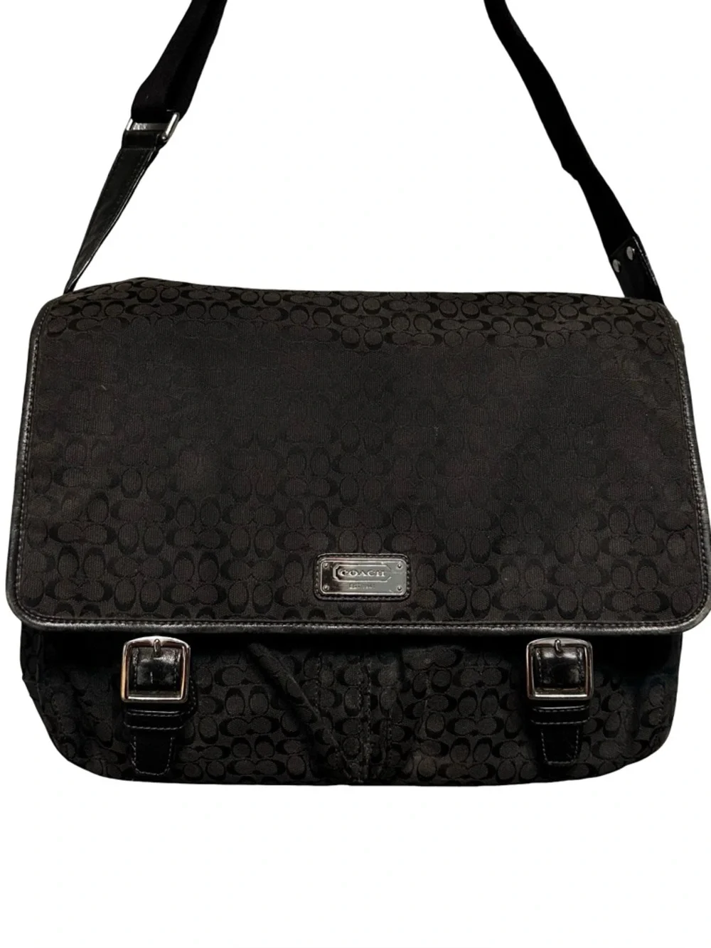 COACH Black Jacquard Messenger Bag Laptop Canvas Leather Trim Saddle Signature